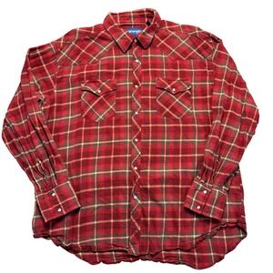 Wrangler Mens XL Red Plaid Flannel Western Snap Long Sleeve Shirt
